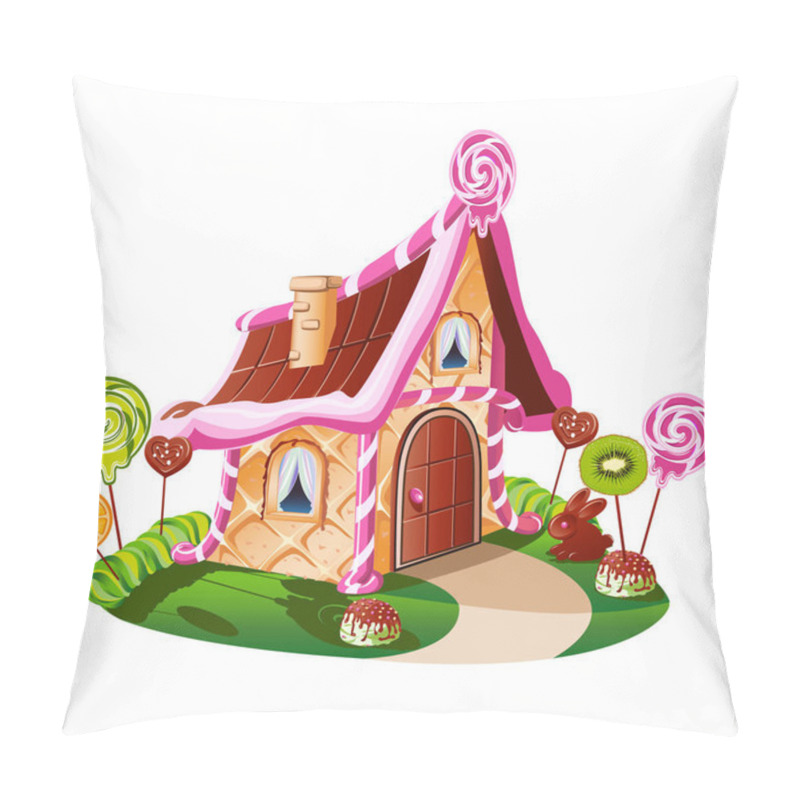 Personality  Sweet Little House With Chocolate And Decorated With Fruit. Cheerful Vector Illustration. Pillow Covers