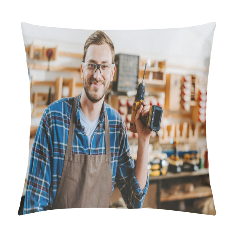 Personality  Happy Carpenter In Goggles And Apron Holding Hammer Drill  Pillow Covers