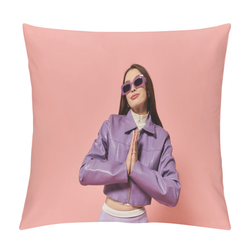 Personality  A Stylish Woman Stands Confidently In A Prayer Pose, Flaunting Her Trendy Outfit. Pillow Covers