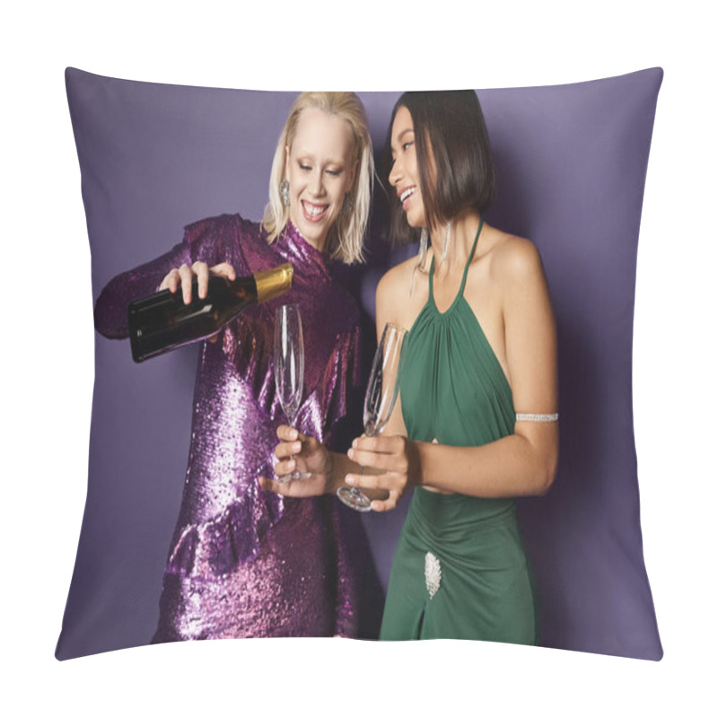 Personality  Joyful Blonde Woman Pouring Champagne Into Glass Near Asian Friend On Purple Backdrop, New Year Pillow Covers