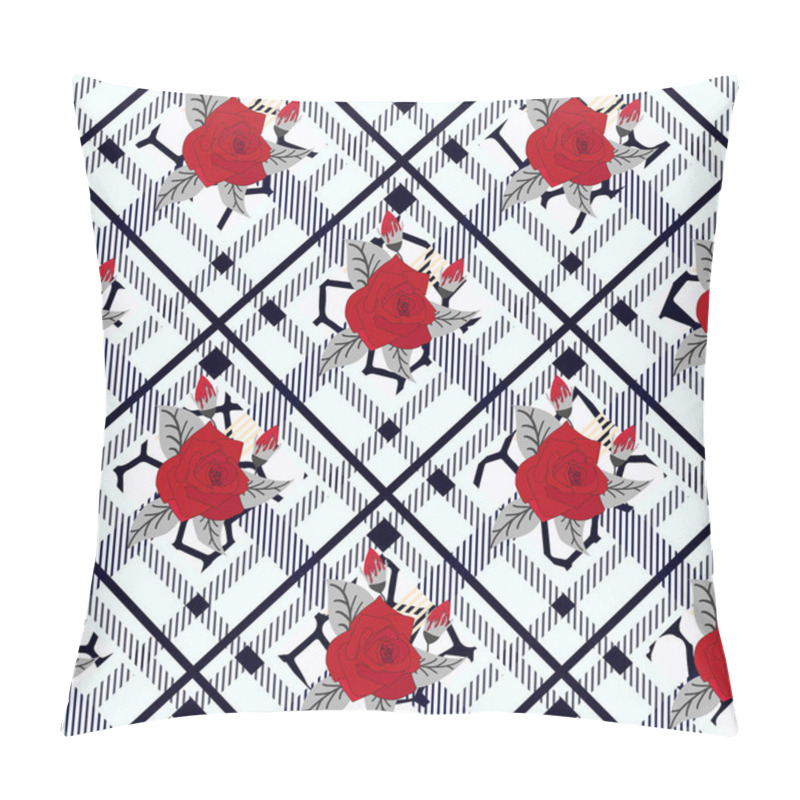 Personality  Beautiful Red Flowers Pattern On Plaid Background. Pattern Of Rose, Eps10 Pillow Covers