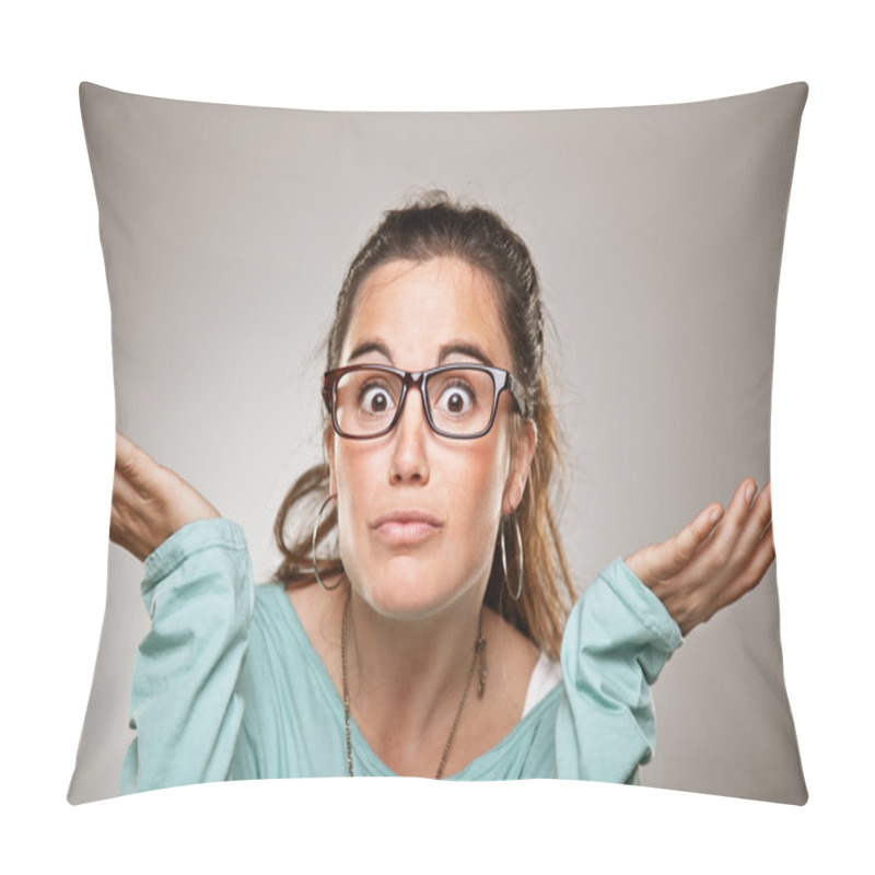 Personality  Shrugging Woman In Doubt Doing Shrug Showing Open Palms. Pillow Covers