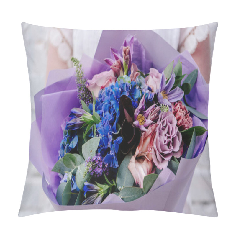 Personality  A Bouquet Of Flowers, Packed In Purple Paper In The Hands Of A Woman On A Light Background. Bouquet Of Eucalyptus, Carnation, Hydrangea, Rose, Clematis, Cotinus, Gladiolus Pillow Covers