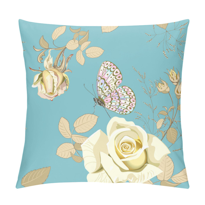 Personality  Flower Vector Illustration With Beautiful Yellow Rose And Butterfly On Blue Background. Pillow Covers