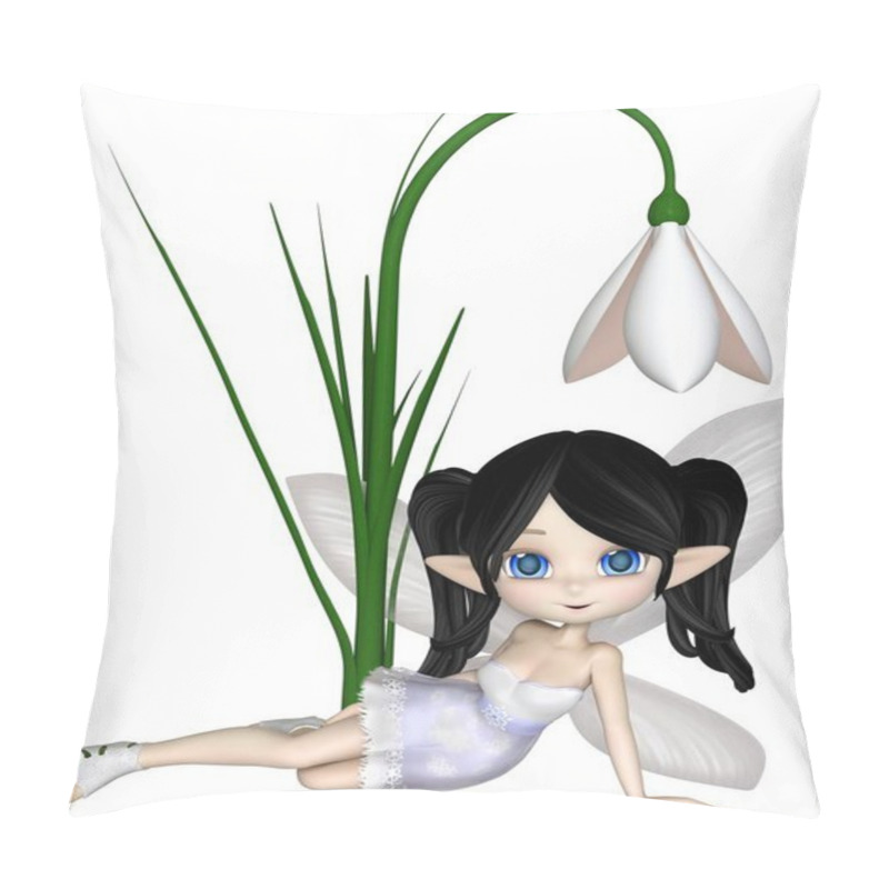 Personality  Cute Toon Dark Haired Snowdrop Fairy In A White Snowflake Dress Sitting By A Spring Snowdrop Flower, 3d Digitally Rendered Illustration Pillow Covers