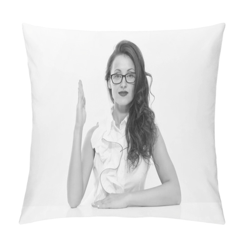 Personality  Business Seminar. Sexy Woman Raise Hand - She Knows Answer Or Wants Ask Question. Sexy Businesswoman On Business Seminar. School Student In Glasses With Long Curly Hair And Red Lips. I Have Question. Pillow Covers