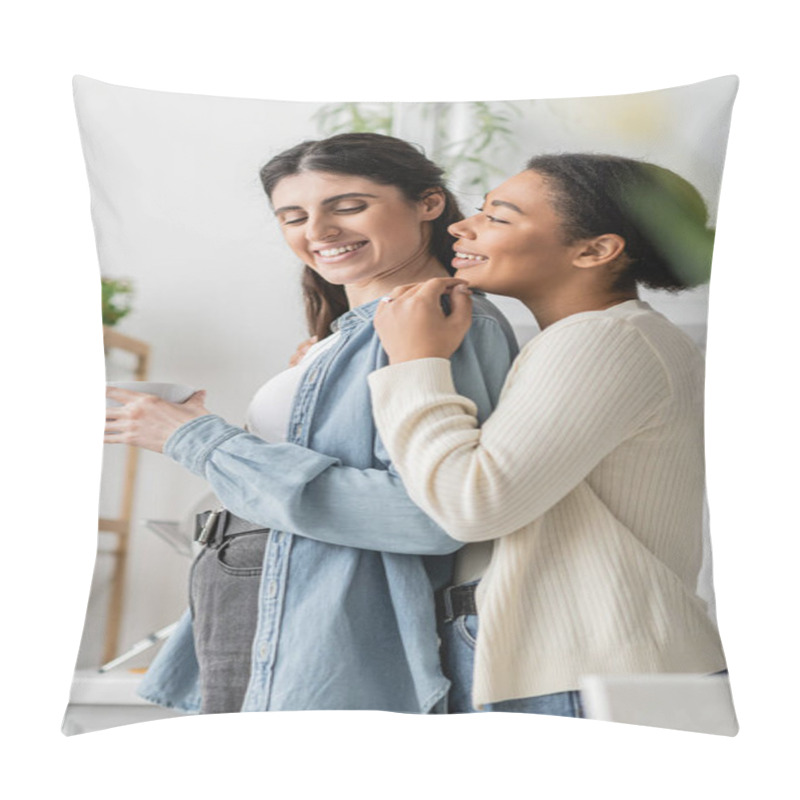 Personality  Happy Multiracial Woman With Engagement Ring On Finger Hugging Girlfriend Holding Cup Of Coffee  Pillow Covers