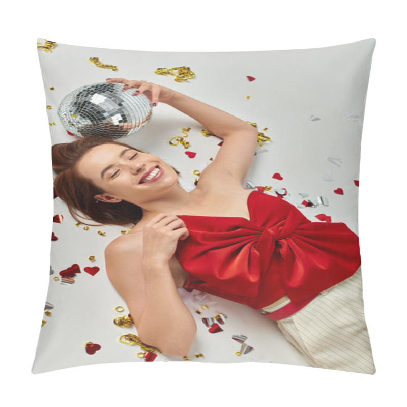 Personality  New Year Party, Young Cheerful Woman With Disco Ball Lying On Floor Near Confetti On Grey Backdrop Pillow Covers