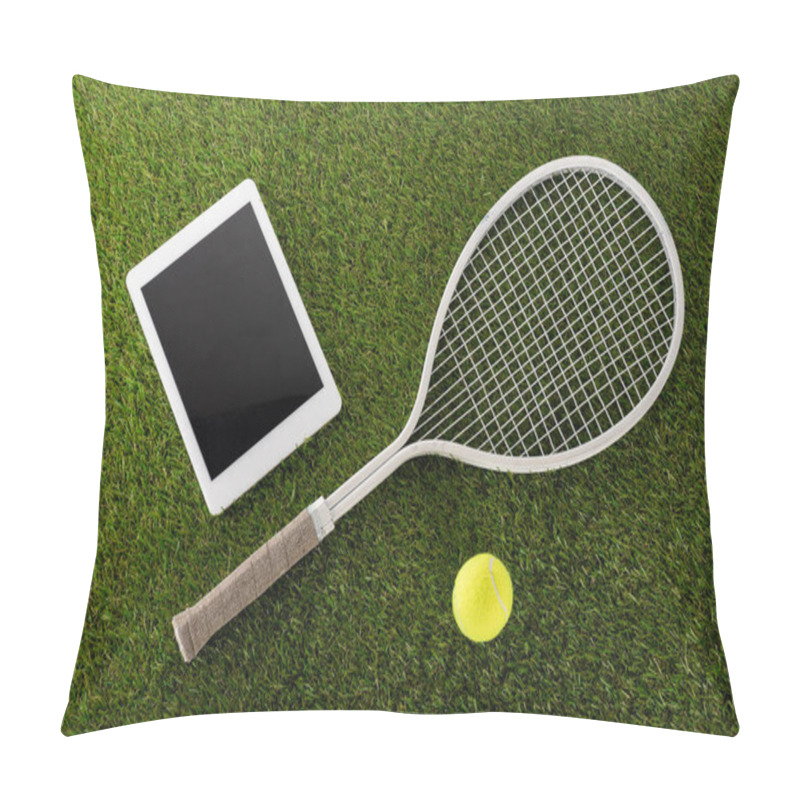 Personality  Top View Of Tennis Racket And Ball Near Digital Tablet With Blank Screen On Green Grass, Sports Betting Concept Pillow Covers