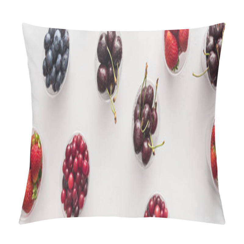 Personality  Panoramic Shot Of Fresh Strawberries, Blueberries, Cherries And Cranberries In Plastic Cups  Pillow Covers