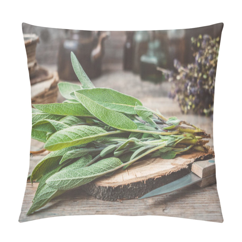 Personality  Fresh Sage, Medicinal Herbs, Books, Tea Kettle And Glass Bottles Of Essential Oil And Tincture. Pillow Covers