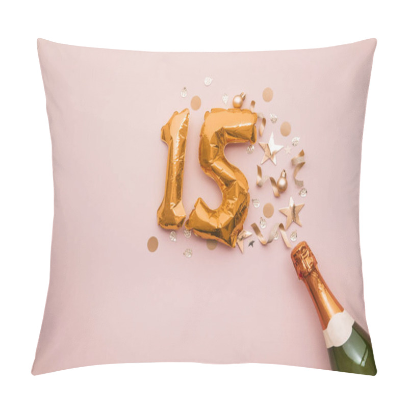 Personality  Happy 15th Anniversary Party. Champagne Bottle With Gold Number Balloon. Pillow Covers