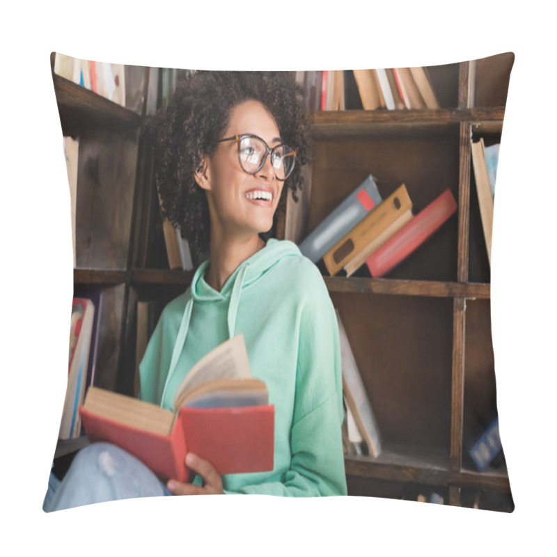 Personality  Happy African American Student In Eyeglasses Sitting With Book In Library  Pillow Covers