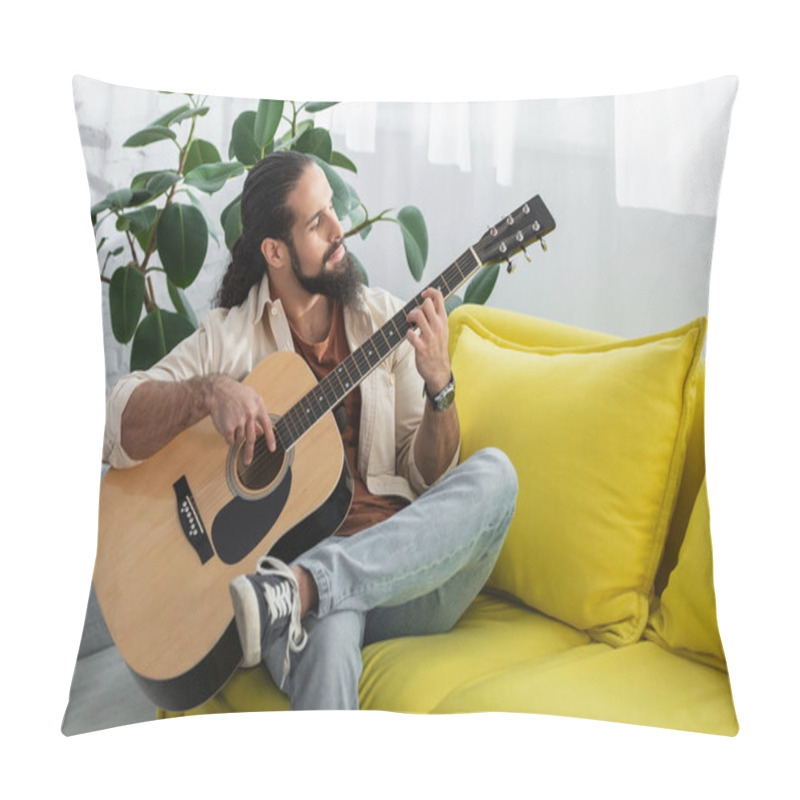 Personality  Latin Man Playing Guitar While Sitting On Yellow Couch At Home Pillow Covers