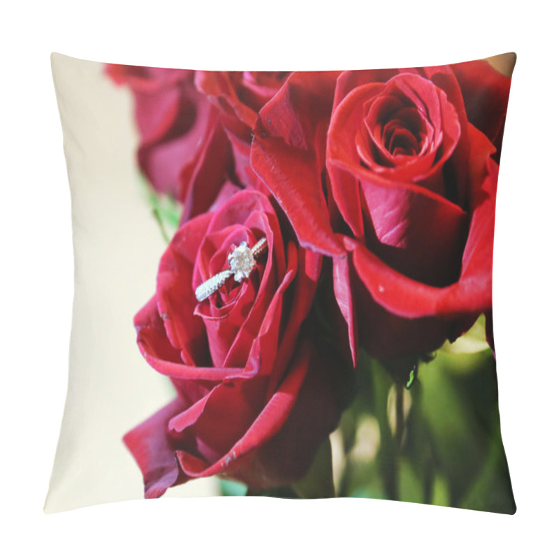 Personality  Red Rose With Diamond Engagement Ring. Pillow Covers