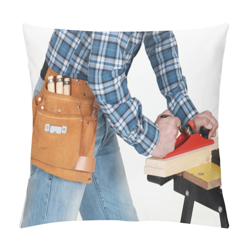 Personality  Tradesman Using A Plane To Smooth A Plank Of Wood Pillow Covers