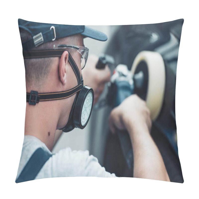 Personality  Selective Focus Of Car Cleaner In Protective Mask And Glasses Polishing Car With Buffer Machine Pillow Covers