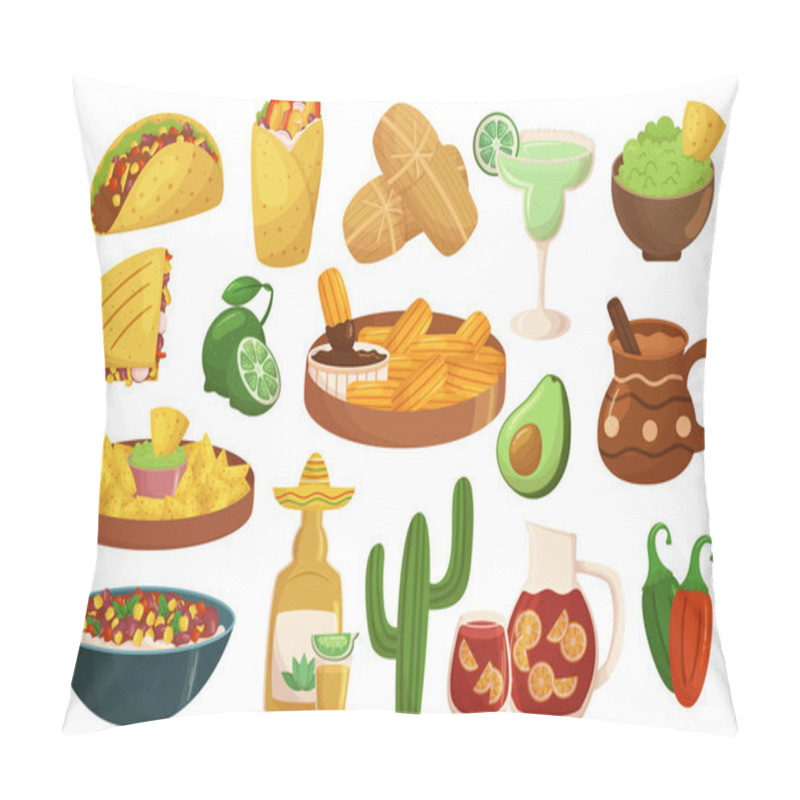 Personality  Set Of Mexican Meals And Drinks. Jalapeno Peppers, Beans, Tacos, Enchiladas, Tamales, Guacamole, Salsa, And Churros. Tequila, Lime And Avocado, Various Spices And Herbs. Cartoon Vector Illustration Pillow Covers