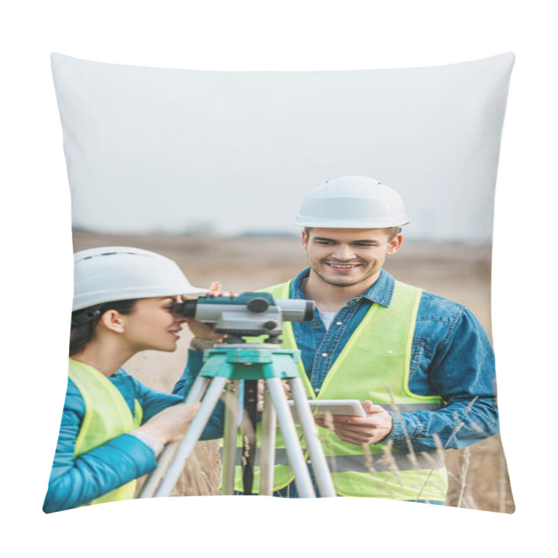 Personality  Smiling Surveyors Working With Digital Level And Tablet In Field Pillow Covers