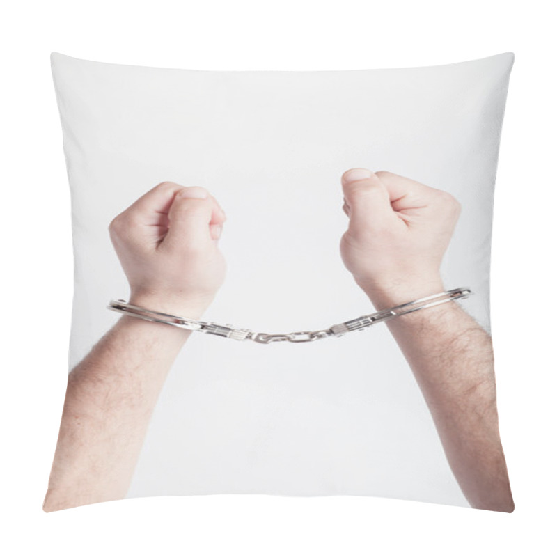 Personality  Closeup Of The Hands Of A Man With Handcuffs Pillow Covers