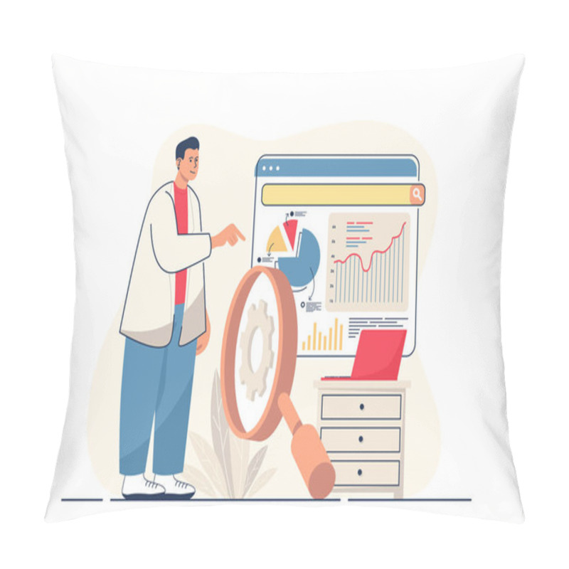 Personality  SEO Analysis Concept For Web Banner. Man Optimizes Site For Search Engines, Analyzes Statistics Of Web Page Modern Person Scene. Vector Illustration In Flat Cartoon Design With People Characters Pillow Covers