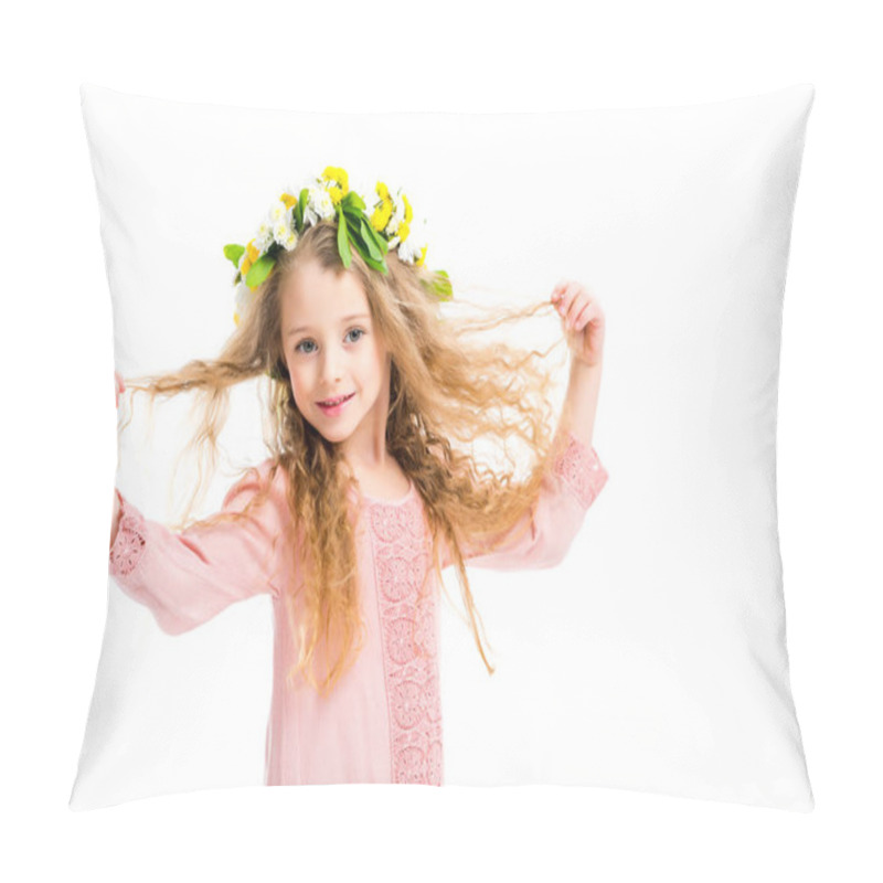 Personality  Smiling Kid Wearing Wreath Band From Flowers And Holding Her Hairs Isolated On White Pillow Covers