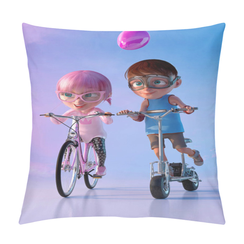 Personality  Little Friends Playing And Having Fun Together. Cute Cheerful Smiling Cartoon Girl Riding On The Bicycle And Boy Riding On Scooter. Happy Childhood And Friendship Concept. 3D Render Pillow Covers