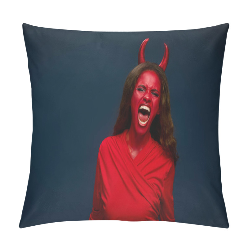 Personality  A Woman In Stunning Red Attire Channels Her Inner Devil, Expressing Excitement For Halloween. Pillow Covers