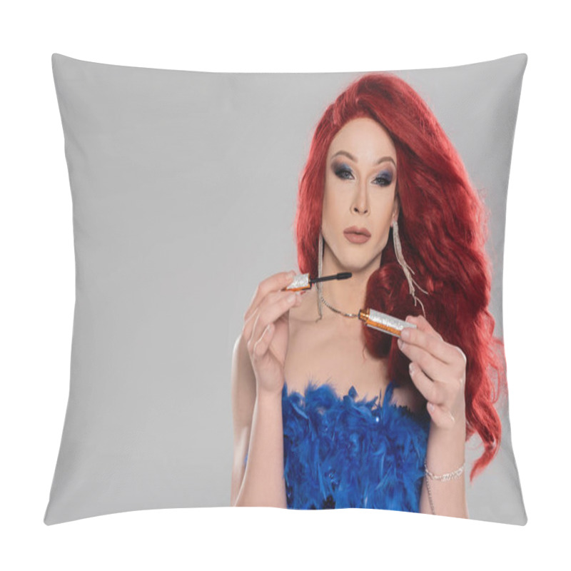 Personality  Portrait Of Drag Queen With Makeup Holding Mascara Isolated On Grey   Pillow Covers