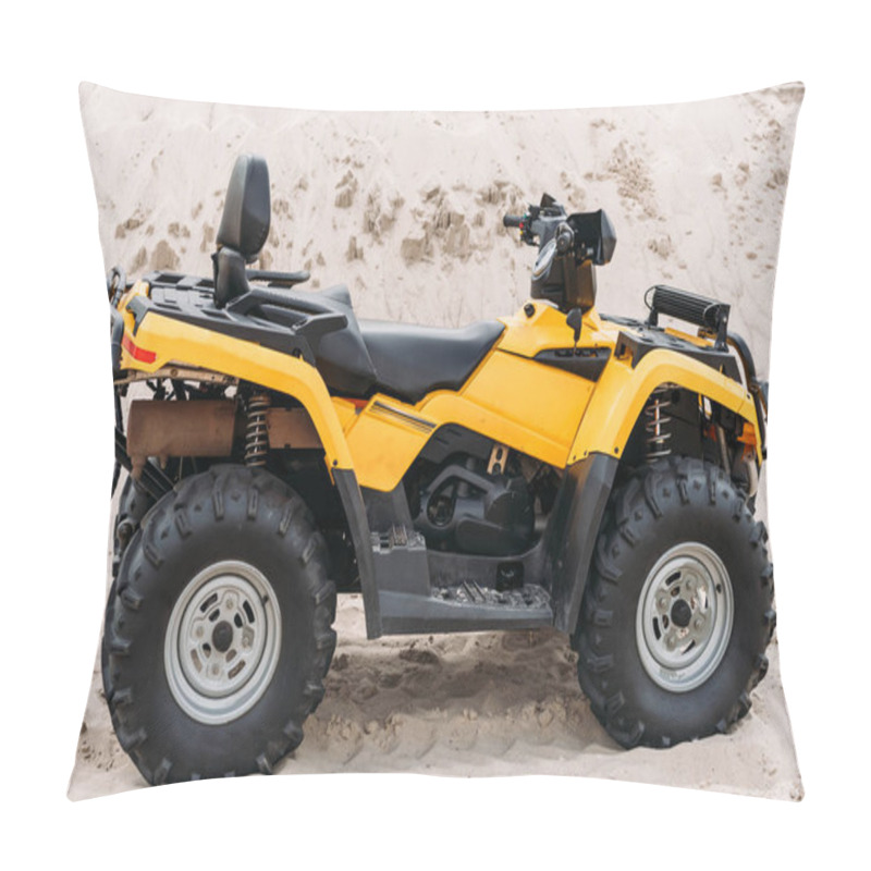 Personality  Side View Of Modern Yellow All-terrain Vehicle Standing In Desert On Cloudy Day Pillow Covers