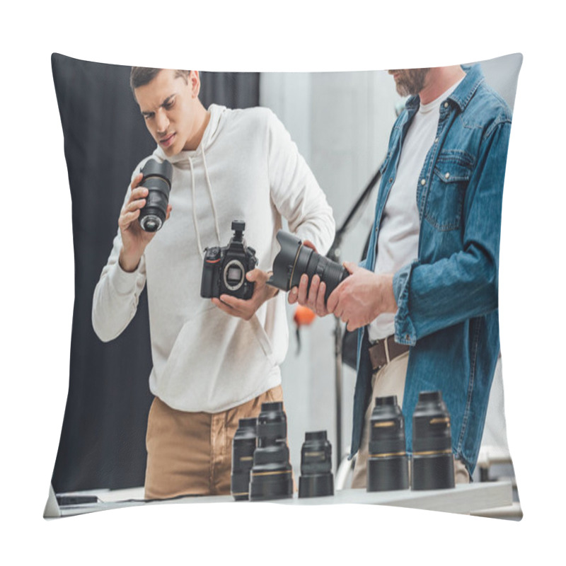 Personality  Cropped View Of Bearded Art Director Holding Photo Lens Near Photographer  Pillow Covers