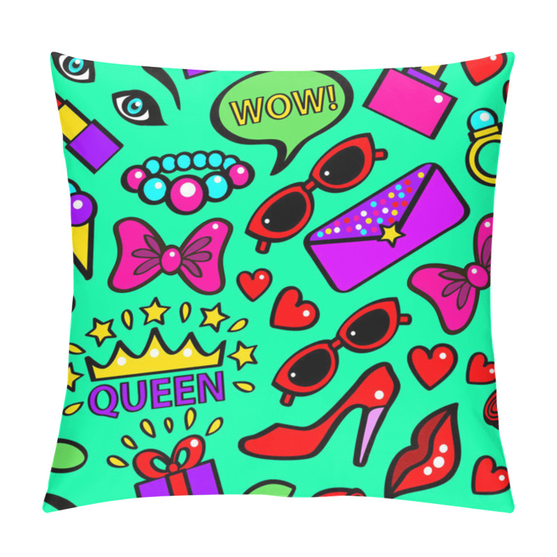 Personality  Pop Art Girlish Fashion Sticker Background Pattern On A Green . Vector Pillow Covers