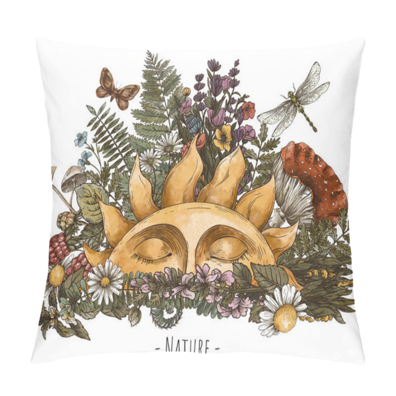 Personality  Vintage Sun Illustration With Woodland Treasures, Amanita Mushroom, Fern, Forest Plants Baner. Botanical Illustration Isolated On White Background. Pillow Covers