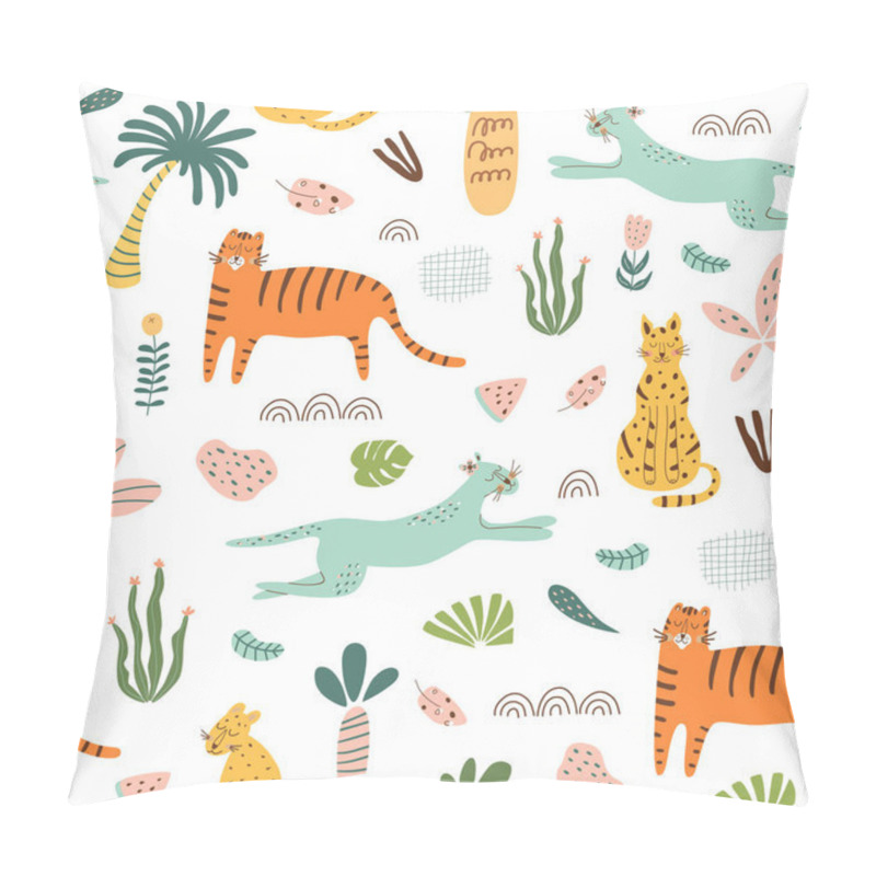 Personality  Safari Kids Pattern. Funny Jungle Seamless Pattern. Palm Trees, Safari Leopard, Tiger, Cactus Doodle Textie Background. Pillow Covers