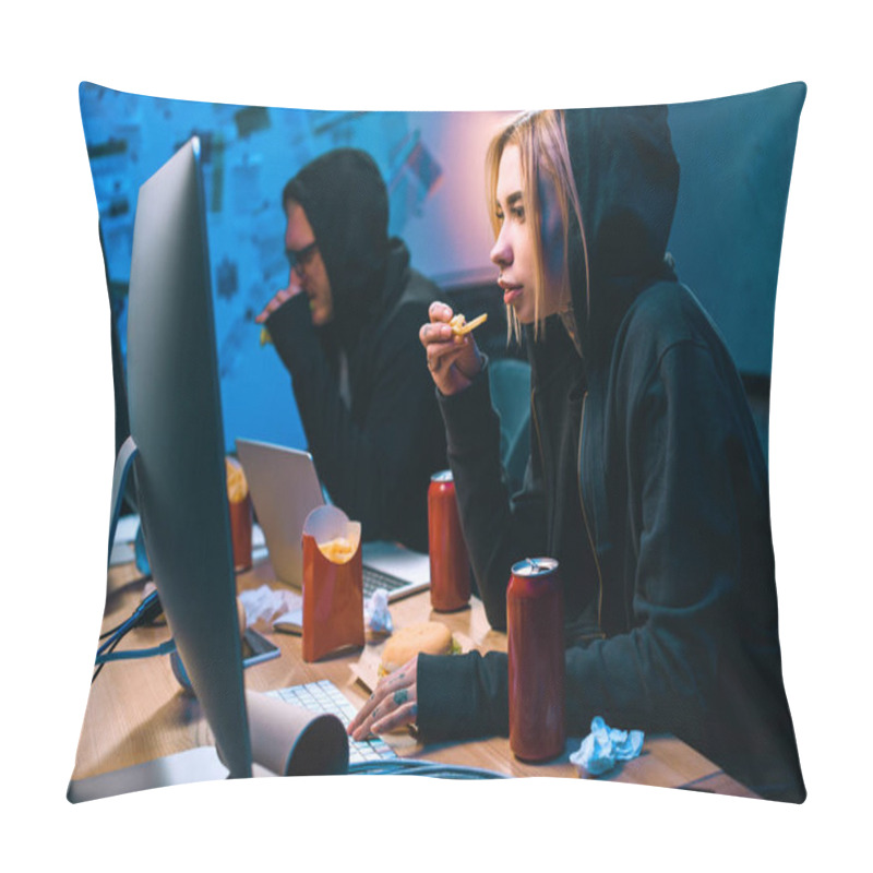 Personality  Female Hacker Working On Malware With Accomplice And Eating Junk Food Pillow Covers