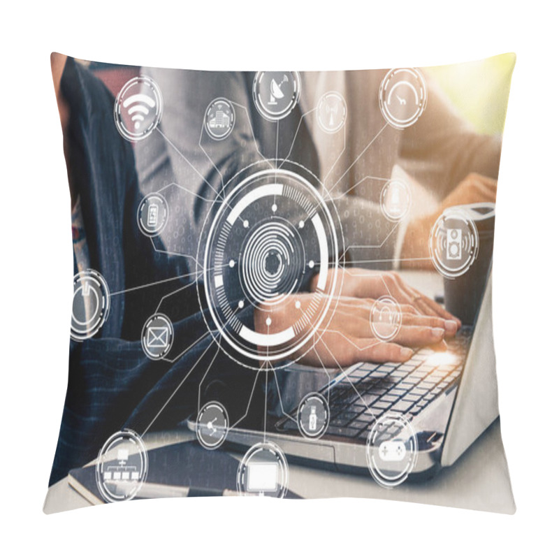 Personality  Multimedia And Computer Applications Concept. Business People Using Technology Of Digital Gadget With Modern Graphic Interface Showing Social, Shopping, Camera And Multimedia Application On Device. Pillow Covers