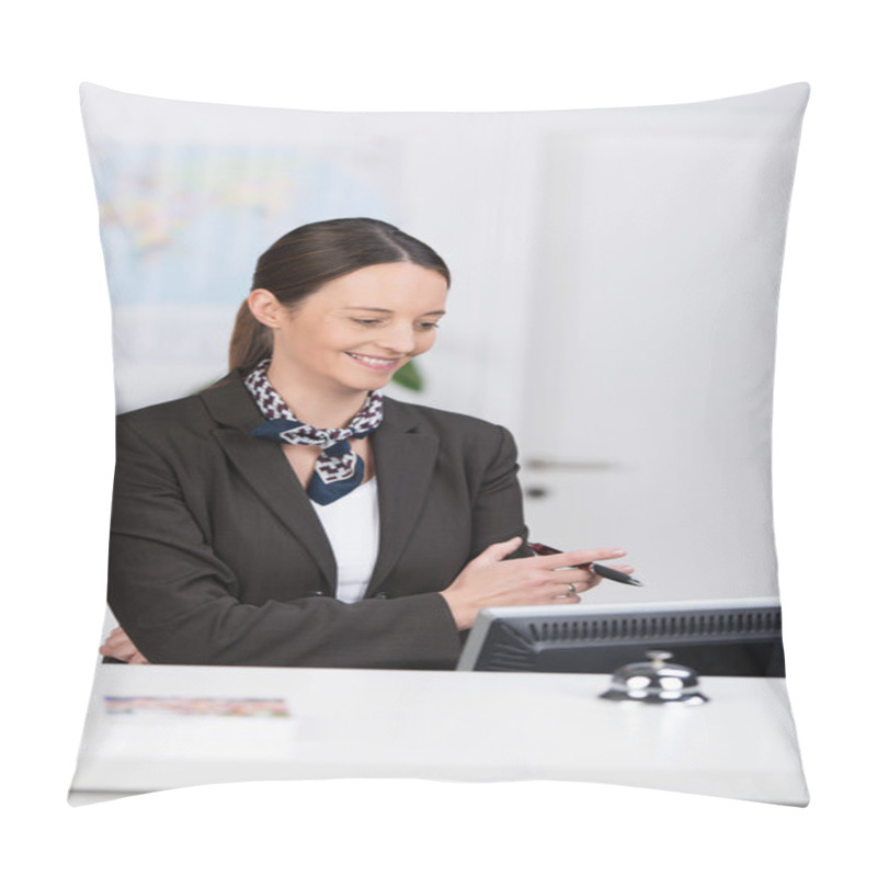 Personality  Stylish Receptionist Reading Data On Her Computer Pillow Covers