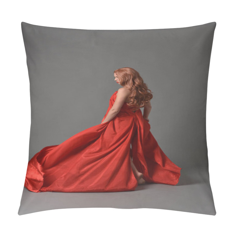 Personality  Full Length Portrait Of Woman Wearing A Red Silk Dress, Standing Pose On Grey Studio Background. Pillow Covers