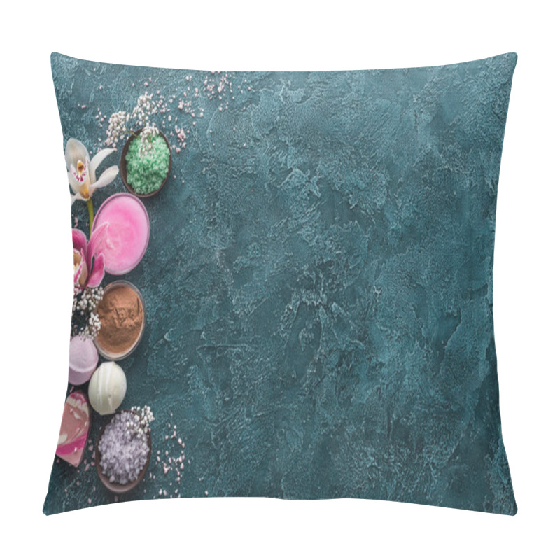 Personality  Top View Of Orchids, Sea Salt And Handmade Soap On Dark Background Pillow Covers