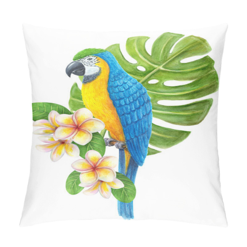 Personality  Parrot Ara With Tropical Bouquet Of Frangipani Flowers, Greenery Of Monstera Leaf. Exotic Floral Composition, Watercolor Painting Of Leaves, Flowers And Blue-and-yellow Macaw. Pillow Covers