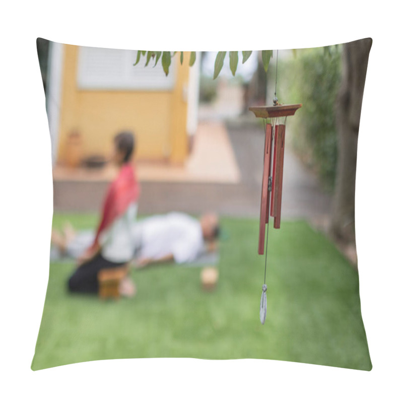 Personality  A Serene Outdoor Wellness Session, Featuring A Soothing Ambiance Complemented By Gentle Wind Chimes Creating Harmony. Blurred Background, Horizontal, Copy-space. Pillow Covers