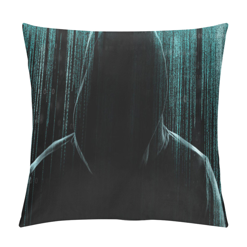 Personality  Dark Silhouette Of Cyber Criminal Against Background With Digital Symbols Pillow Covers