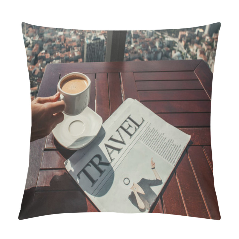 Personality  Cropped View Of Man Holding Coffee Near Travel Newspaper In Cafe With Aerial View Of Istanbul Pillow Covers