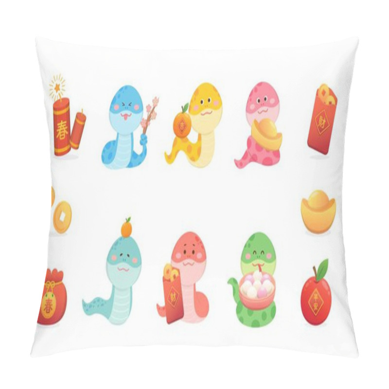 Personality  Vector Illustration Of Snake Character Or Cartoon Character With Chinese New Year Or Lantern Festival, Glutinous Rice Balls And Gold Coins, Translation: Spring Pillow Covers