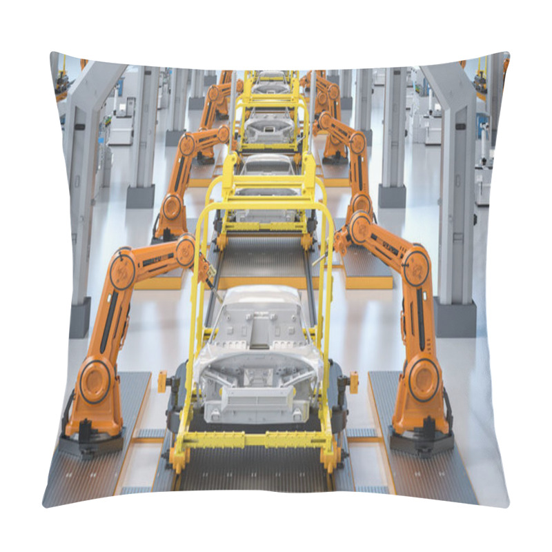 Personality  Automation Automobile Factory With 3d Rendering Robot Assembly Line Manufacture Ev Car Pillow Covers