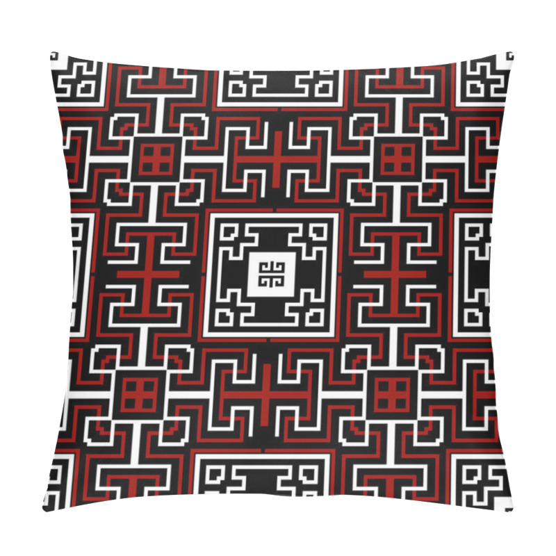 Personality  Intricate Tribal Ethnic Seamless Pattern. Ornamental Vector Black White Red Squares Background. Greek Key, Meanders. Abstract Geometric Plaid Tartan Style Ornament With Square Shapes, Mazes, Lines. Pillow Covers