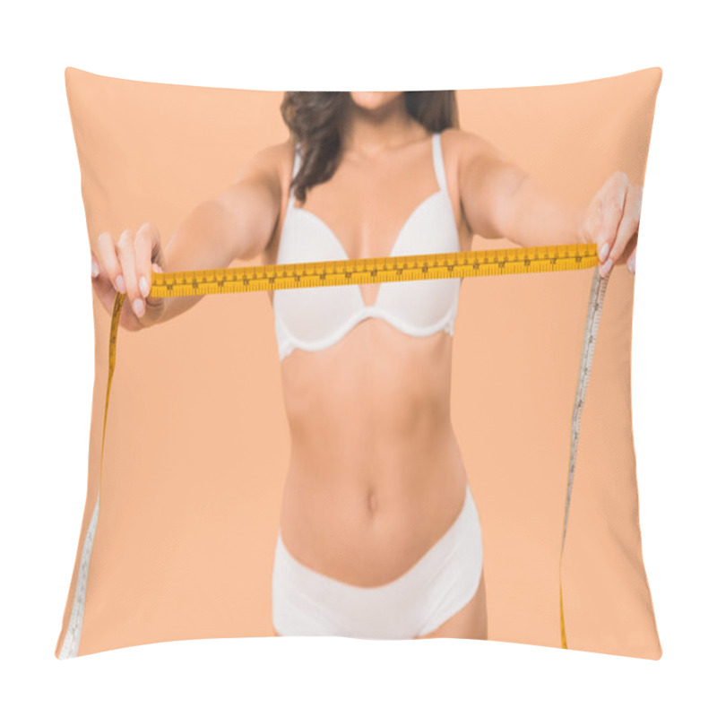 Personality  Cropped View Of Woman In Underwear Holding Measuring Tape Isolated On Beige  Pillow Covers