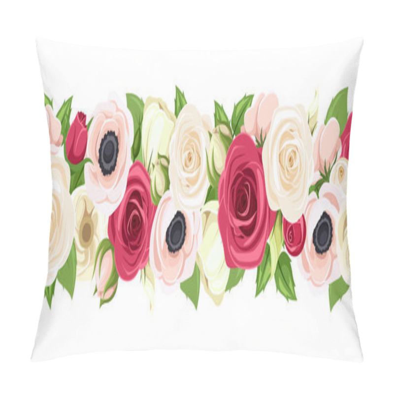 Personality  Horizontal Seamless Garland With Red, Pink And White Flowers. Vector Illustration. Pillow Covers