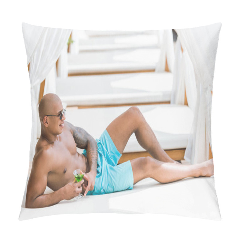 Personality  Shirtless Tattooed Muscular Man Lying On Sun Lounger With Cocktail Pillow Covers