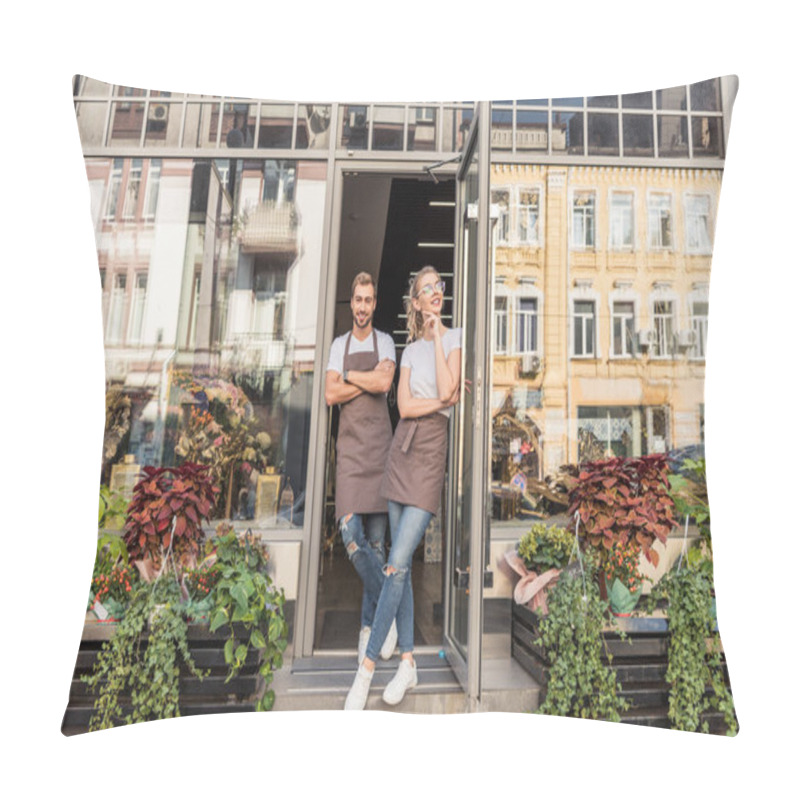 Personality  Smiling Female And Male Florists Standing In Open Door Of Flower Shop Pillow Covers